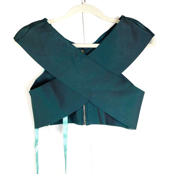 MISTRESS ROCKS Evergreen Emerald Green Cross Your Heart Bandage Crop Top Large - Picture 2 of 6